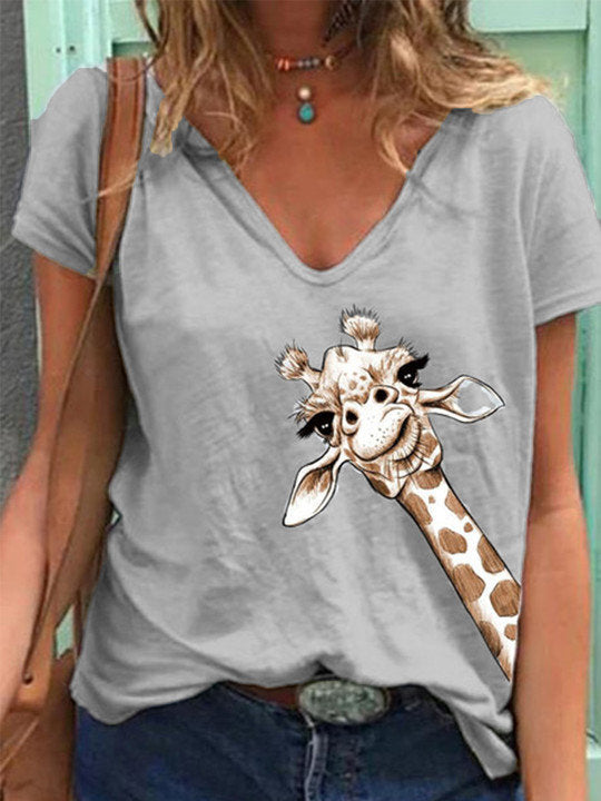 Kurzärmliges T-Shirt mit V-Ausschnitt und Animalprint 