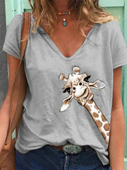 Kurzärmliges T-Shirt mit V-Ausschnitt und Animalprint 