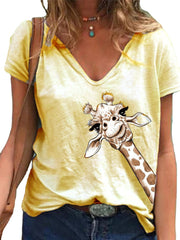 Kurzärmliges T-Shirt mit V-Ausschnitt und Animalprint 