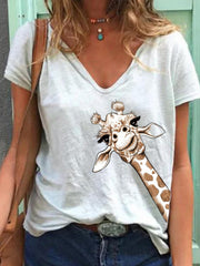 Kurzärmliges T-Shirt mit V-Ausschnitt und Animalprint 
