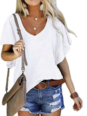 Solid Color Lotus Leaf Sleeve Loose V-neck Short-sleeved Top T-shirt