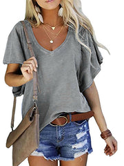 Solid Color Lotus Leaf Sleeve Loose V-neck Short-sleeved Top T-shirt