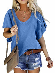 Solid Color Lotus Leaf Sleeve Loose V-neck Short-sleeved Top T-shirt
