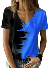 Kontrastoberteil V-Ausschnitt Kurzarm Damen T-Shirt 