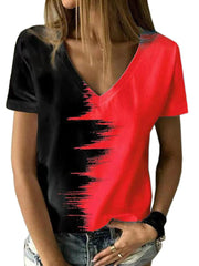 Kontrastoberteil V-Ausschnitt Kurzarm Damen T-Shirt 