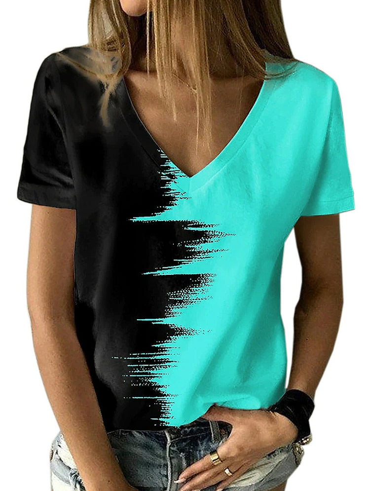 Kontrastoberteil V-Ausschnitt Kurzarm Damen T-Shirt 