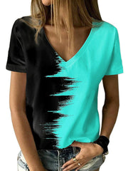 Kontrastoberteil V-Ausschnitt Kurzarm Damen T-Shirt 