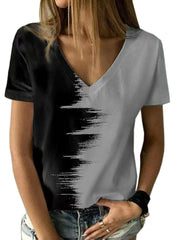 Kontrastoberteil V-Ausschnitt Kurzarm Damen T-Shirt 