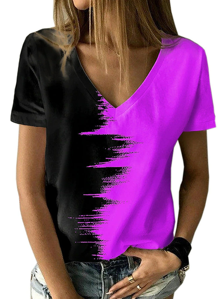 Kontrastoberteil V-Ausschnitt Kurzarm Damen T-Shirt 