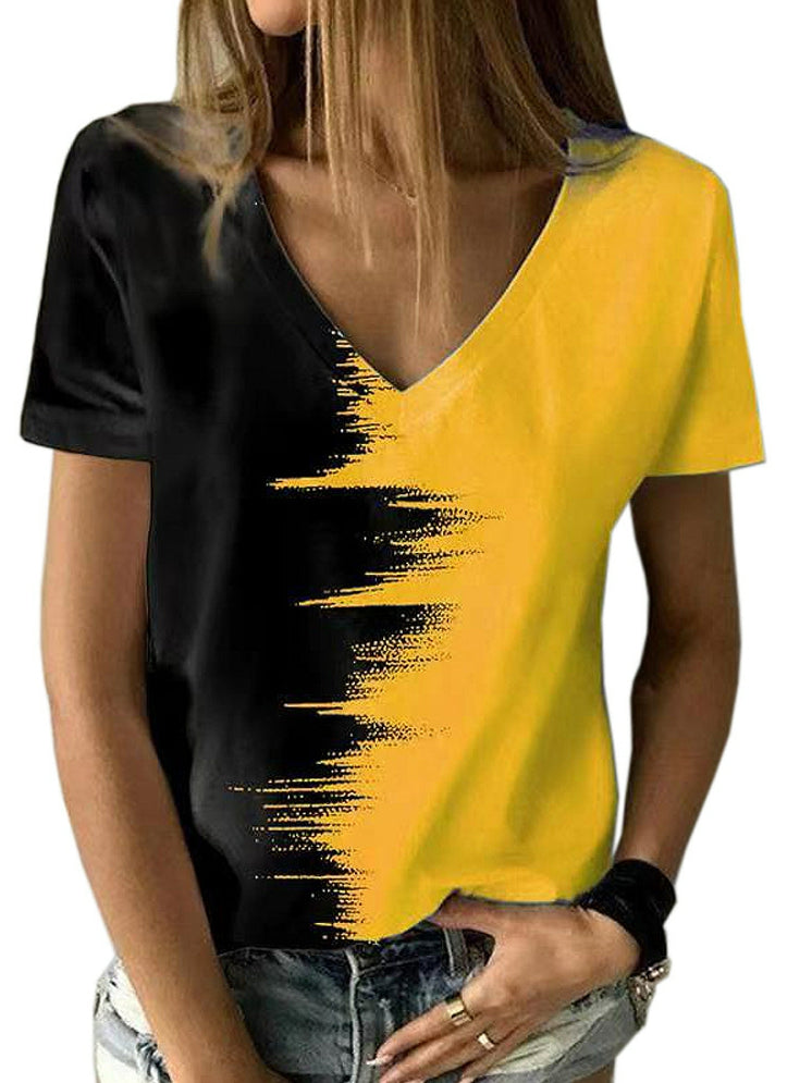 Kontrastoberteil V-Ausschnitt Kurzarm Damen T-Shirt 