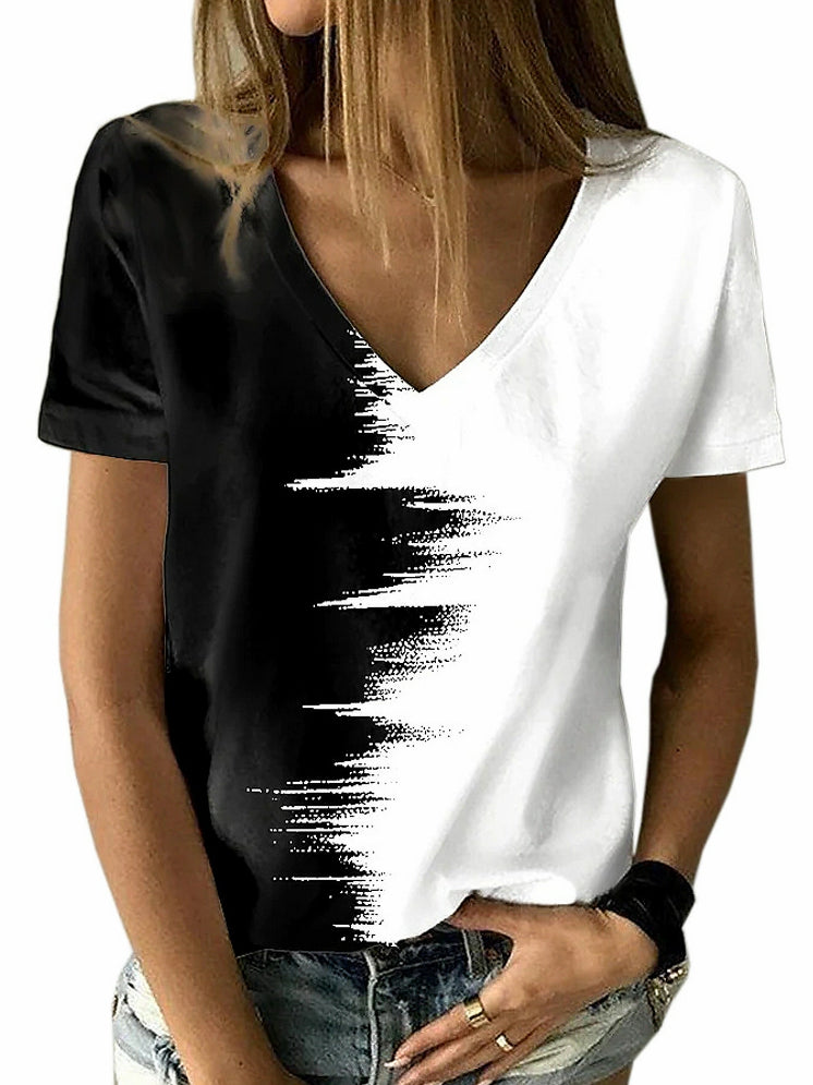 Kontrastoberteil V-Ausschnitt Kurzarm Damen T-Shirt 