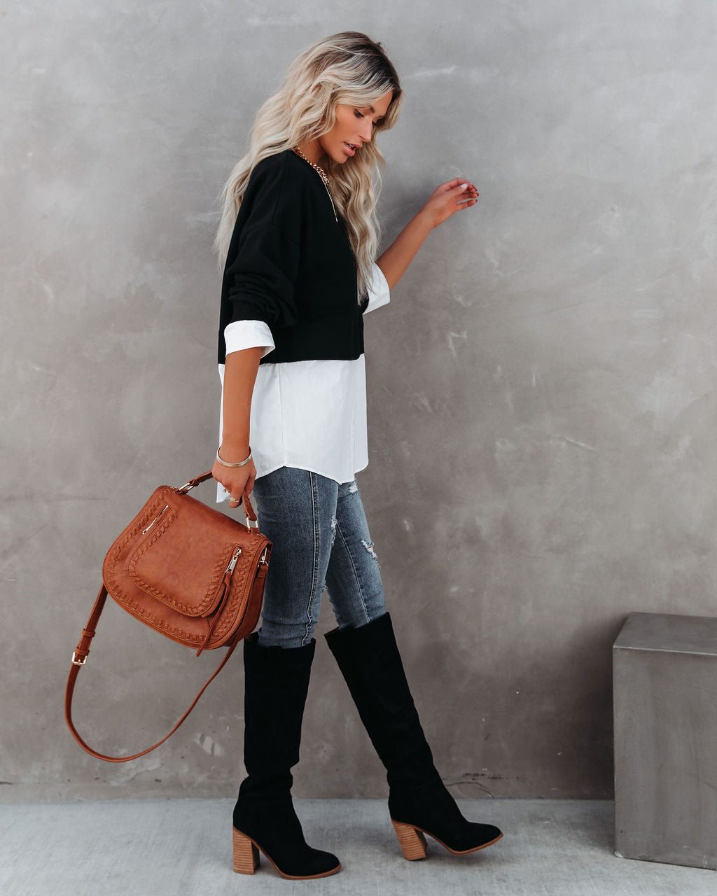 Kiersten Cotton Contrast Poplin Knit Top - Black - FINAL SALE