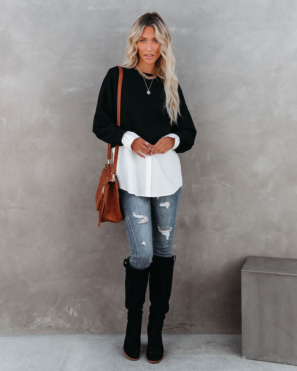Kiersten Cotton Contrast Poplin Knit Top - Black - FINAL SALE