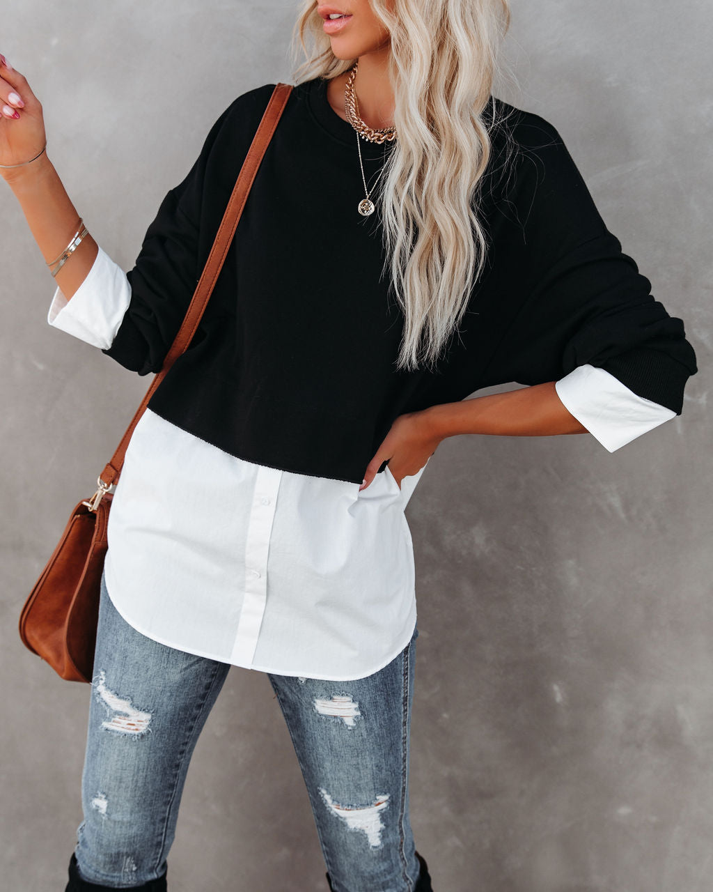 Kiersten Cotton Contrast Poplin Knit Top - Black - FINAL SALE