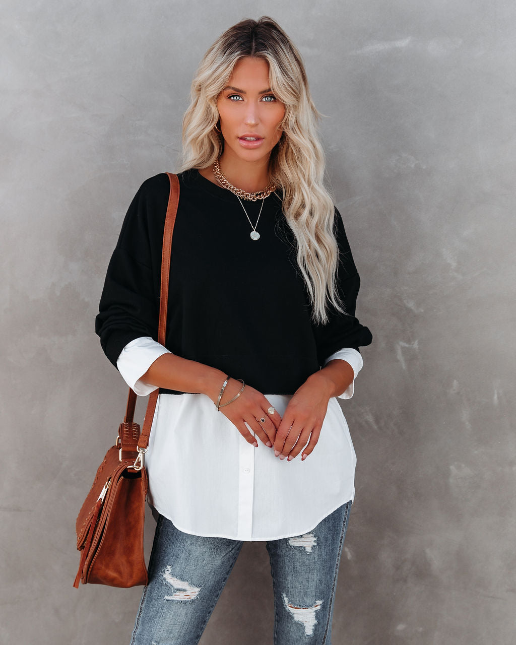 Kiersten Cotton Contrast Poplin Knit Top - Black - FINAL SALE Ins Street