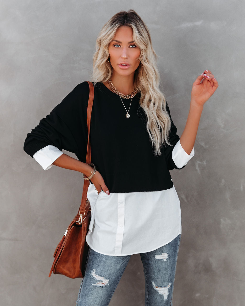 Kiersten Cotton Contrast Poplin Knit Top - Black - FINAL SALE