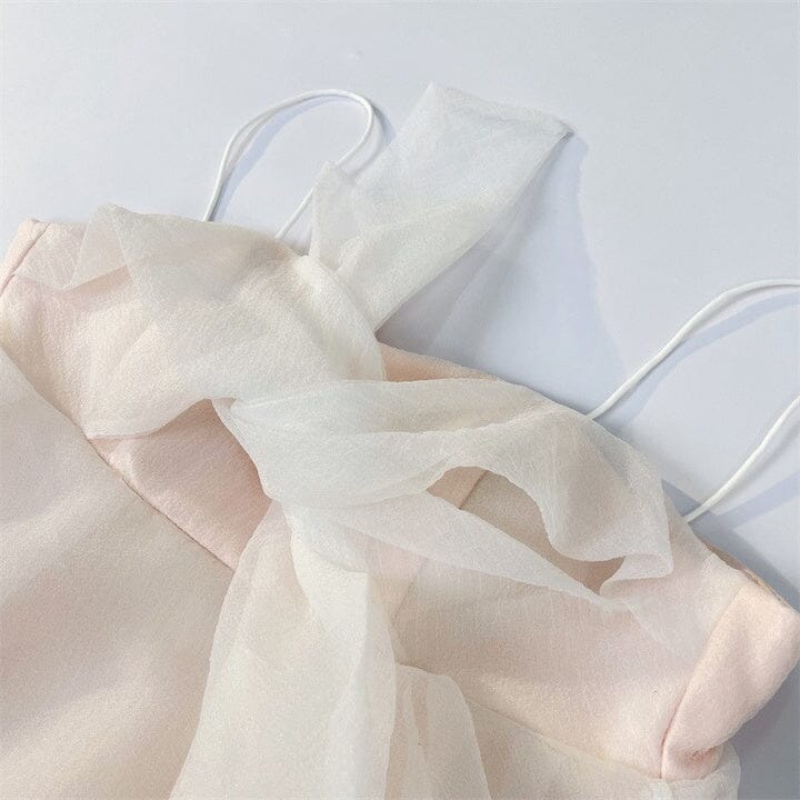 Suspender Bow Strapless Seersucker Dress In White