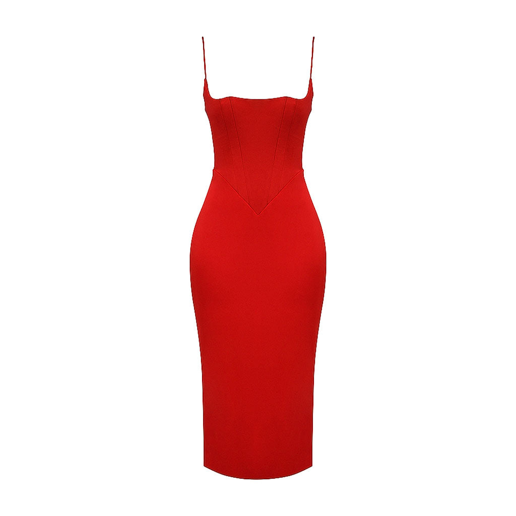 Square Neck Spaghetti Strap Satin Slip Midi Dress - Red