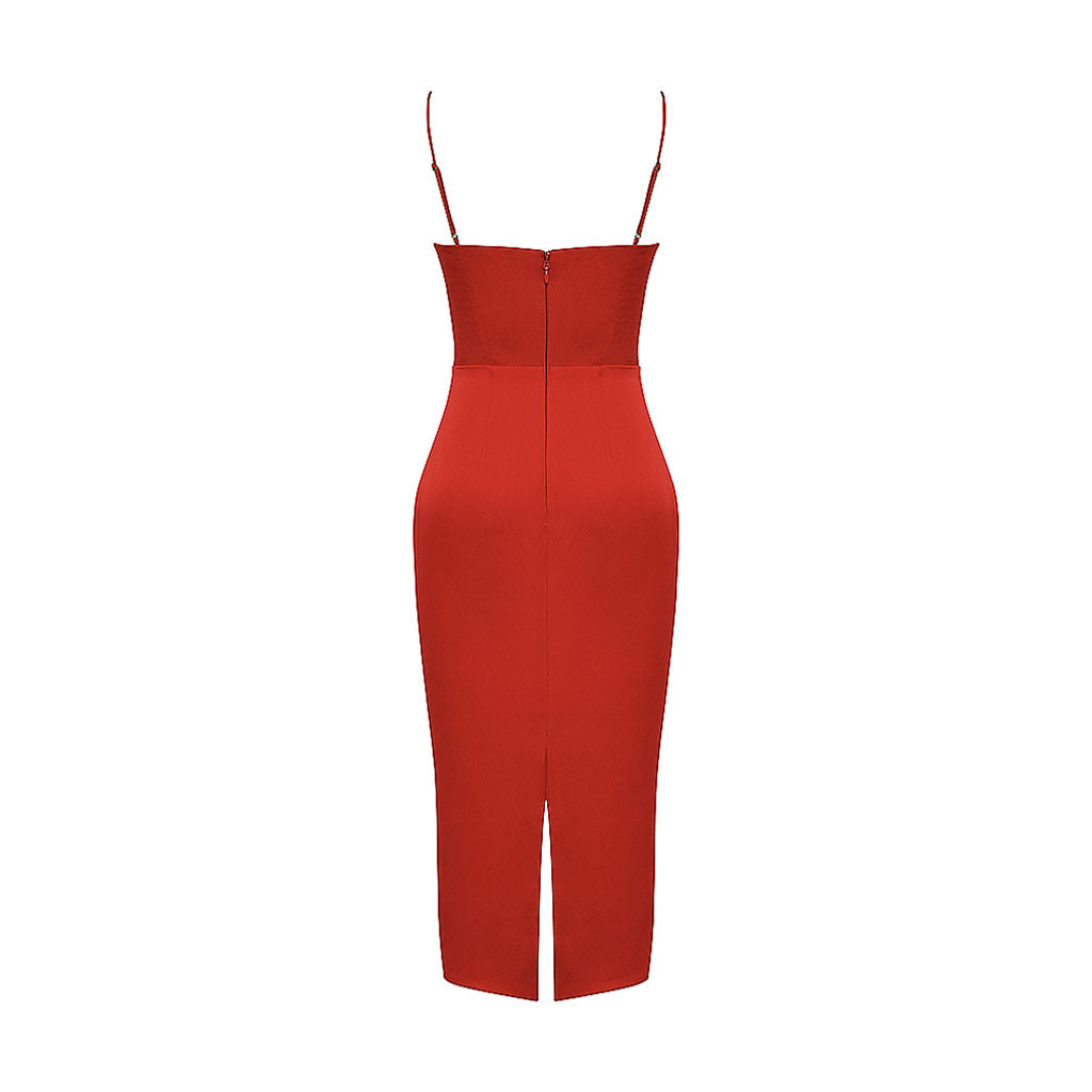 Square Neck Spaghetti Strap Satin Slip Midi Dress - Red