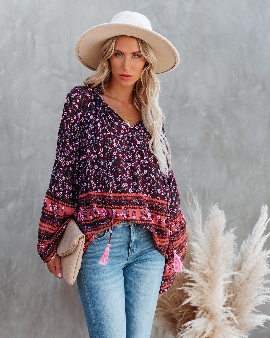 Maloney Printed Tassel Top - Chocolate