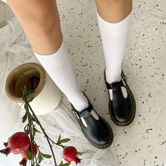 Handmade Retro Waxing Flat Mary Jane Shoes Round Toe  Black/Brown/Black1/White