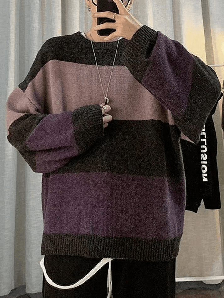 Men's Contrast Striped Long Sleeve Knit Sweater