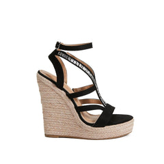 Espadrilles-Sandalen mit Knöchelriemen und Keilabsatz