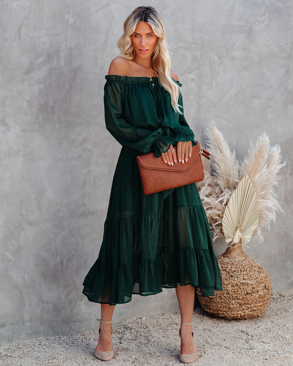 Peacekeeper Off The Shoulder Midi Dress - Hunter Green Ins Street