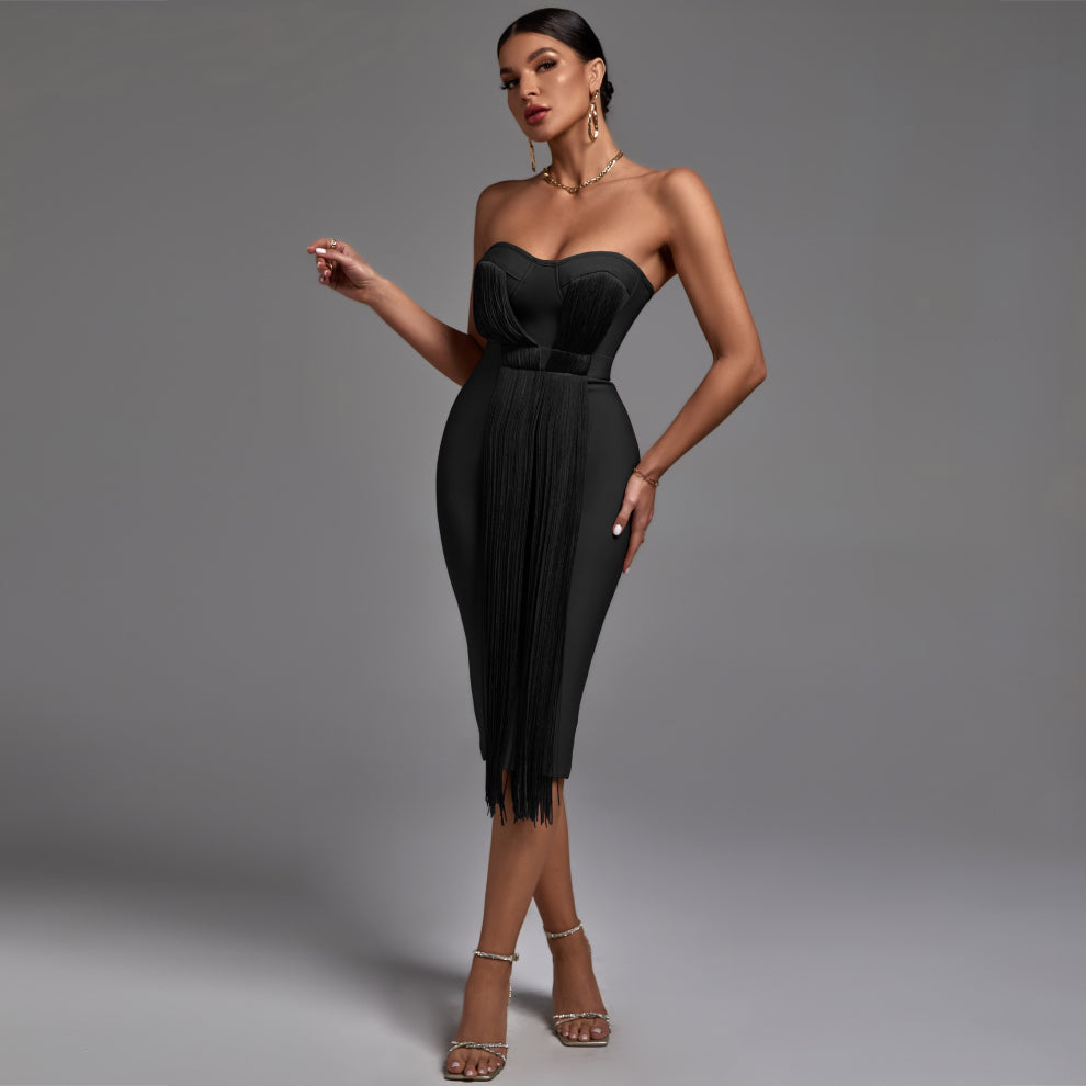 Strapless Sleeveless Tassels Over Knee Bandage Dress Ins Street