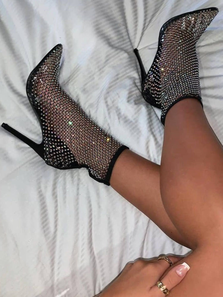 Strass Fischnetz Heels Stiefel