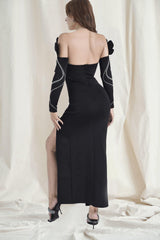 Schwarzes schulterfreies Maxi-Bandage-Kleid 