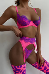 Rose 3Pcs Color Block Lace Contrast Lingerie Set With Garter Belt