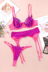 Rose 3Pcs Color Block Lace Contrast Lingerie Set With Garter Belt