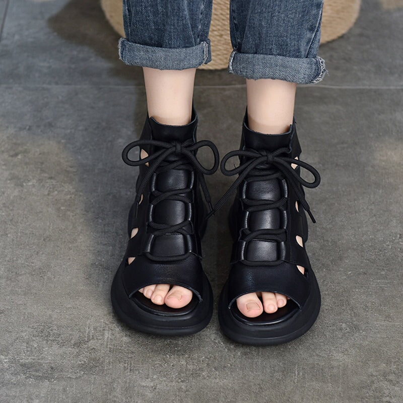 Echte Plateausandalen mit Schnürung, Retro-Peep-Toe-Gladiator-Sandalen