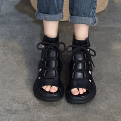 Echte Plateausandalen mit Schnürung, Retro-Peep-Toe-Gladiator-Sandalen