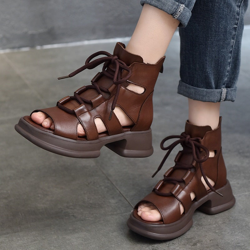 Echte Plateausandalen mit Schnürung, Retro-Peep-Toe-Gladiator-Sandalen