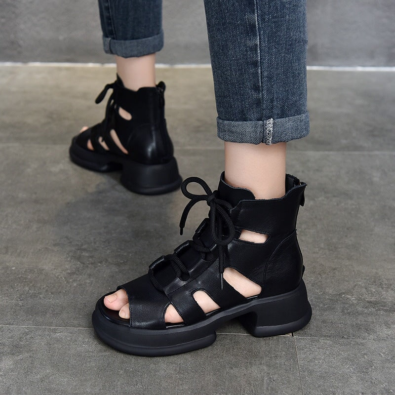 Echte Plateausandalen mit Schnürung, Retro-Peep-Toe-Gladiator-Sandalen