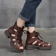 Echte Plateausandalen mit Schnürung, Retro-Peep-Toe-Gladiator-Sandalen