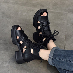 Echte Plateausandalen mit Schnürung, Retro-Peep-Toe-Gladiator-Sandalen