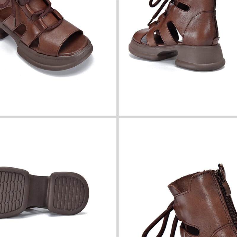 Echte Plateausandalen mit Schnürung, Retro-Peep-Toe-Gladiator-Sandalen