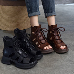Echte Plateausandalen mit Schnürung, Retro-Peep-Toe-Gladiator-Sandalen