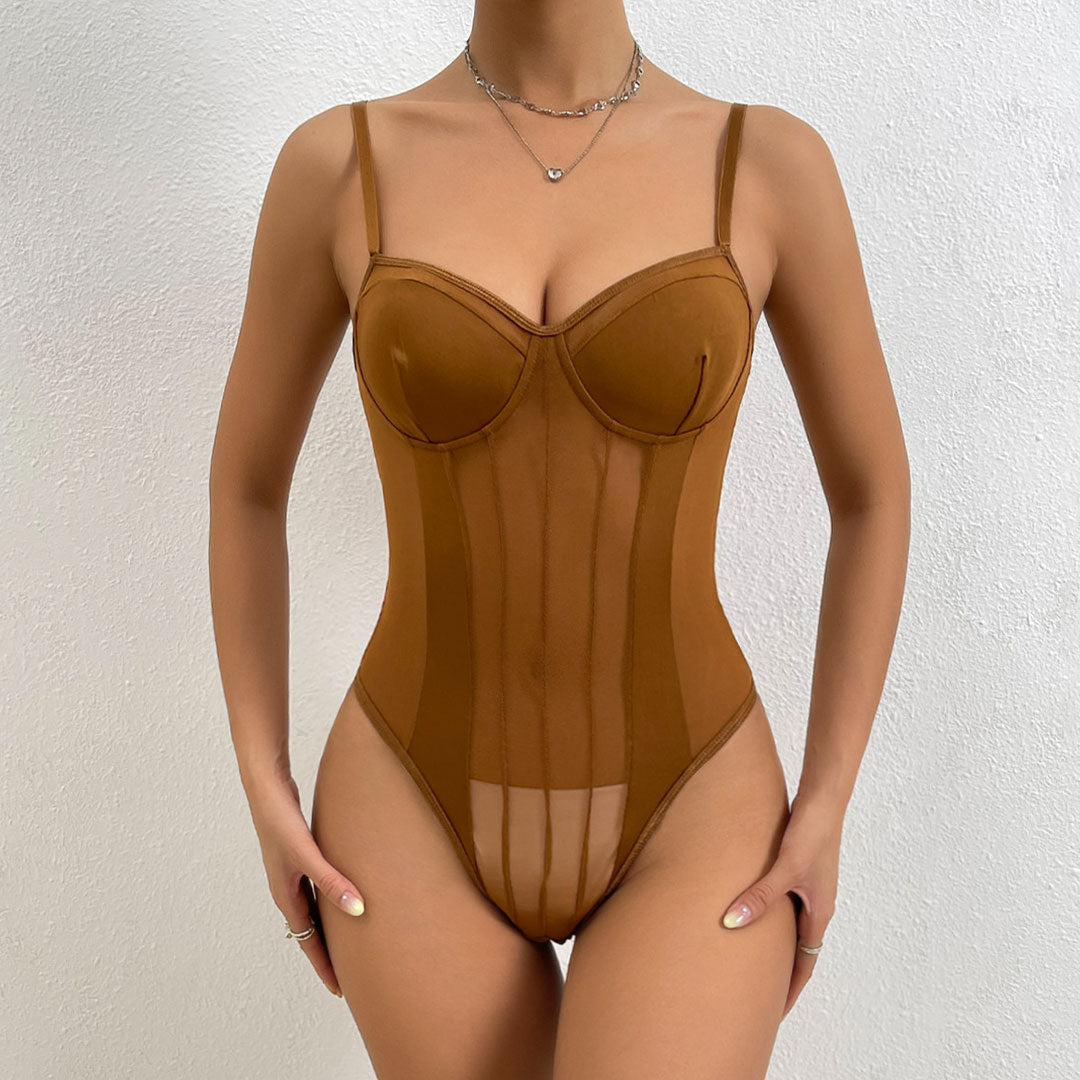 Sweetheart Vertical Striped High Leg Sheer Mesh Bodysuit - Coffee
