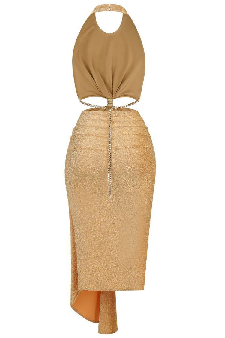 Glitzerndes Neckholder-Midikleid mit Cut-out und drapiertem Kettenglied - Champagner