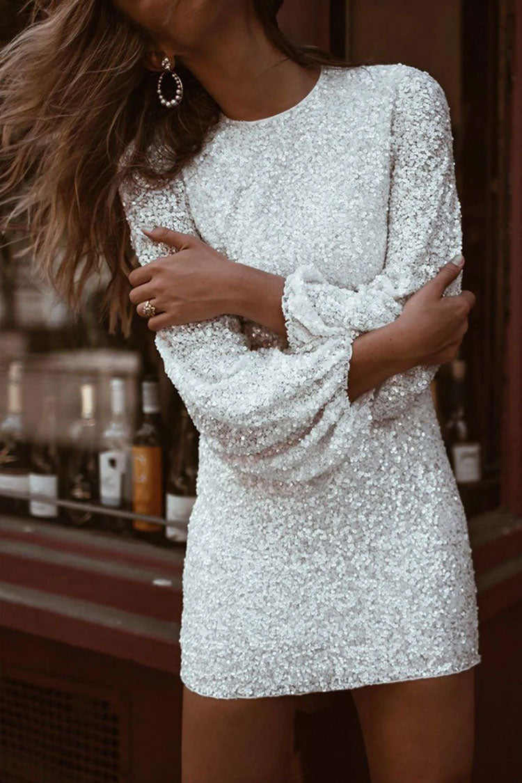 Sparkly Long Sleeve Round Neck Sequin Mini Dress - Black
