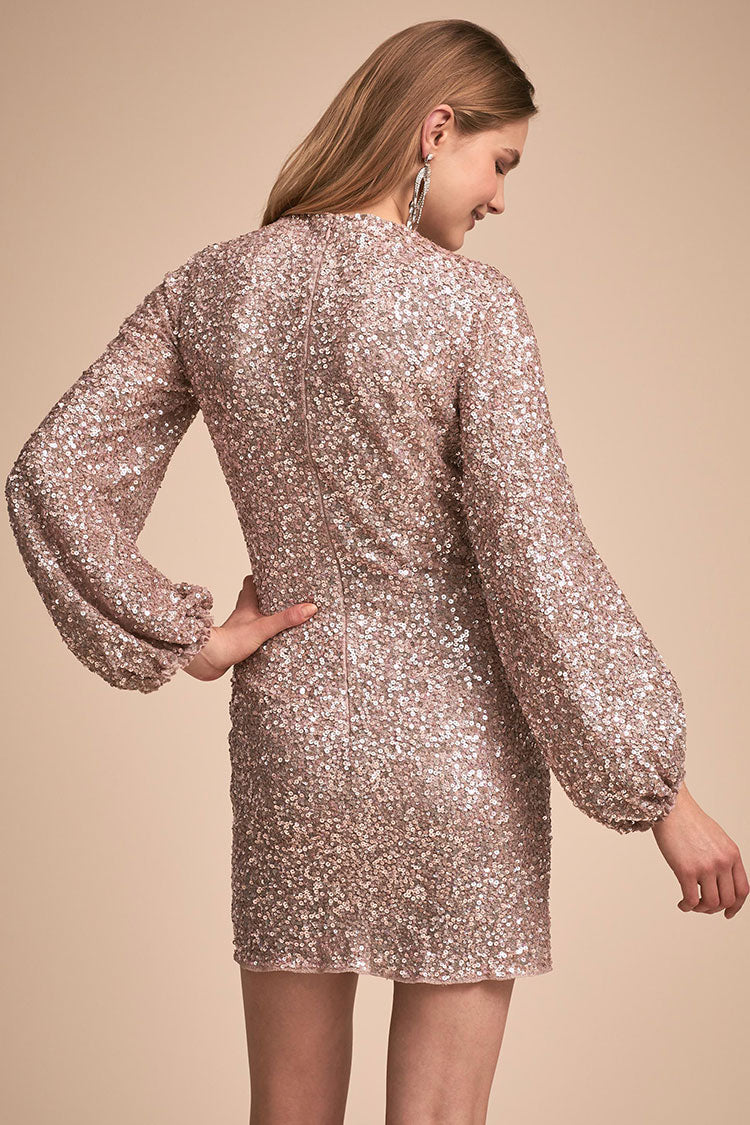 Sparkly Long Sleeve Round Neck Sequin Mini Dress - Black