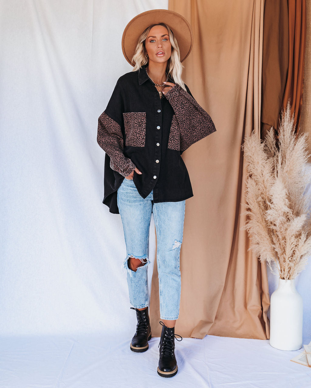 Spice It Up Contrast Leopard Denim Jacket - Black - FINAL SALE