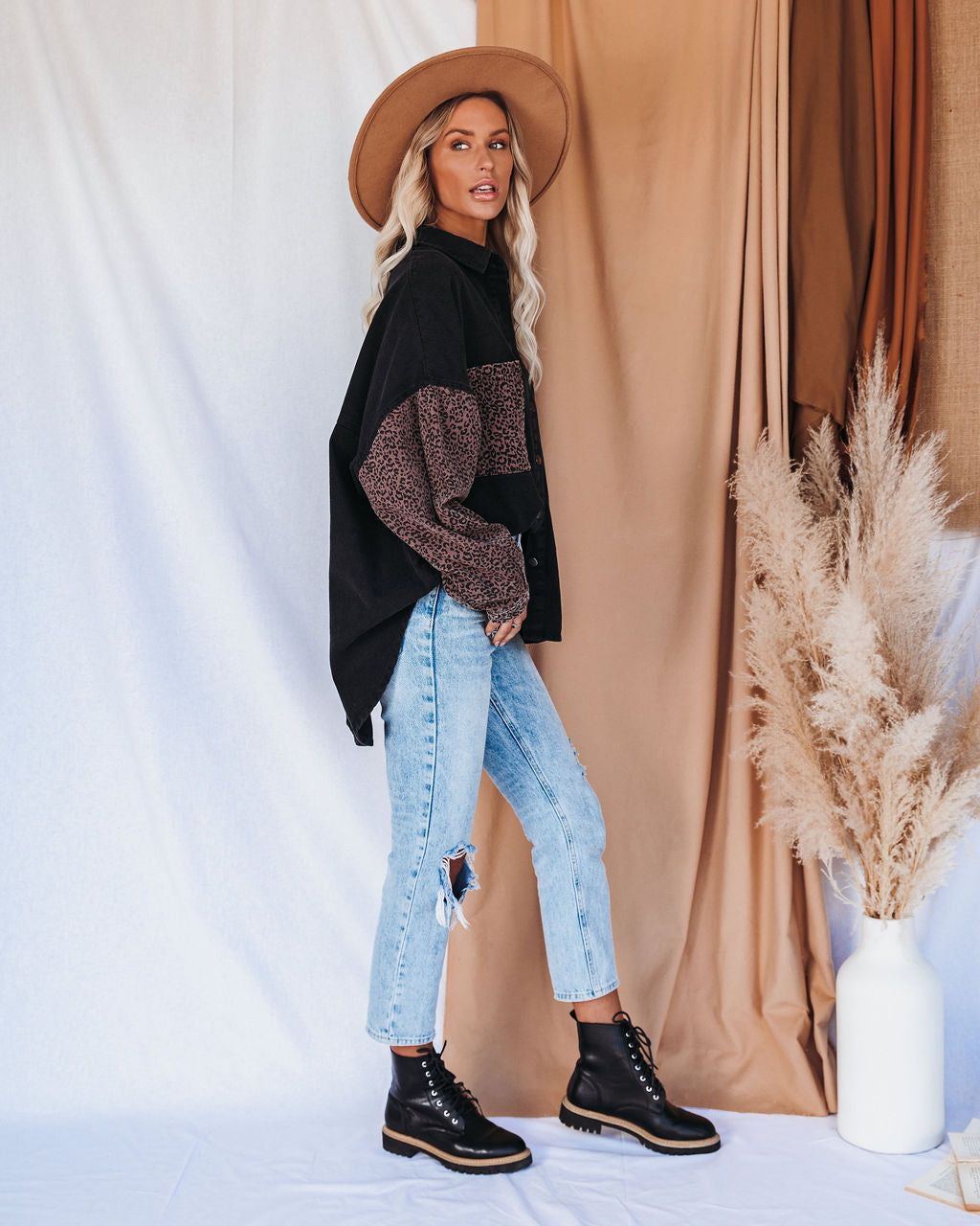 Spice It Up Contrast Leopard Denim Jacket - Black - FINAL SALE