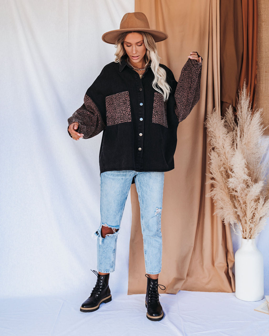Spice It Up Contrast Leopard Denim Jacket - Black - FINAL SALE
