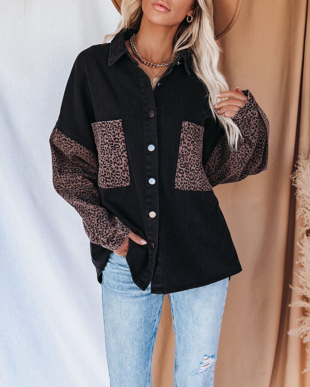 Spice It Up Contrast Leopard Denim Jacket - Black - FINAL SALE