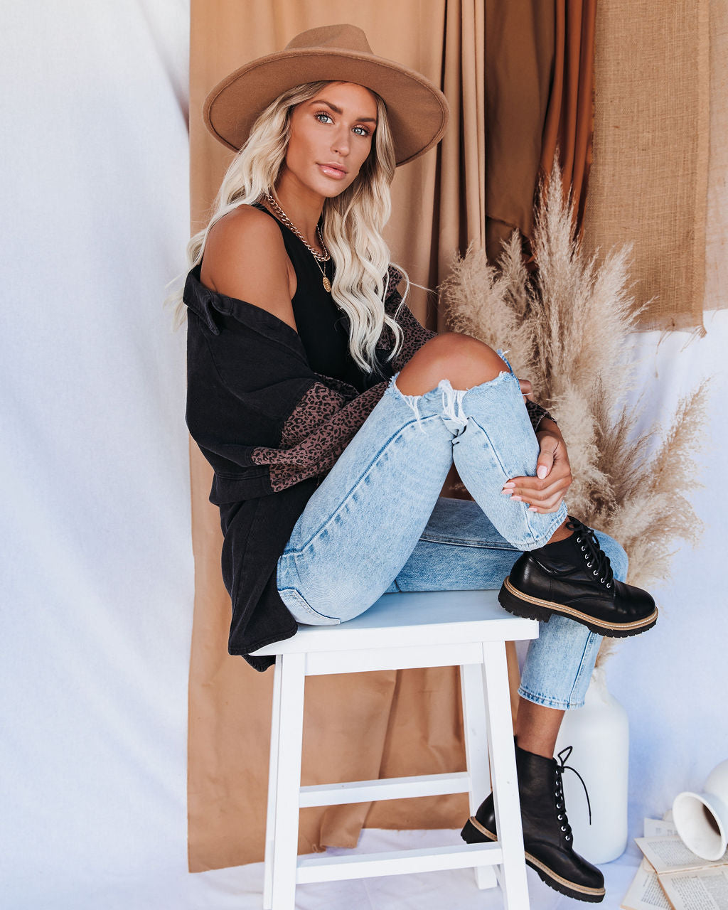 Spice It Up Contrast Leopard Denim Jacket - Black - FINAL SALE